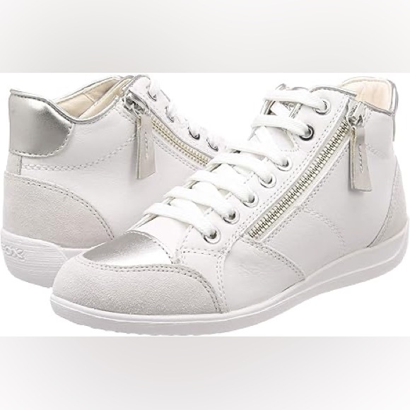 Geox Shoes - Geox Respira Women’s Myria C White/Silver Leather Mid-Top Sneakers Size 9 US